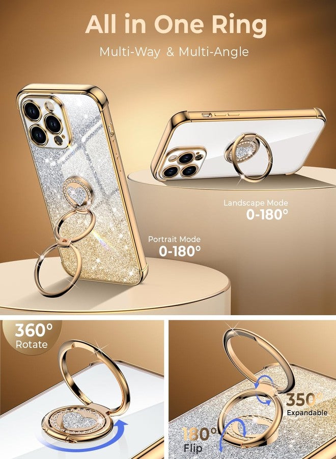 XYZ جراب XYZ لهاتف iPhone 15 Pro Max مع حامل، جراب هاتف مزود بحامل مزدوج الحلقات، جراب حماية فاخر مزين بقلب لامع بتصميم قلب أنيق للنساء والفتيات، لهاتف iPhone 15 Pro Max مقاس 6.7 بوصة، ذهبي اللون - Image 3